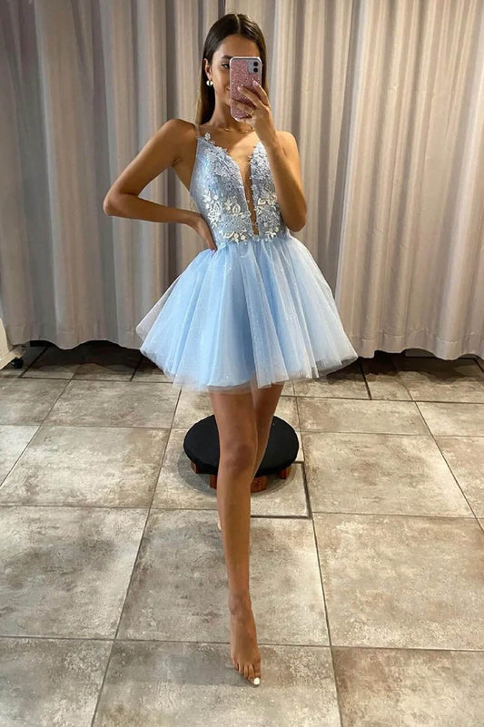 Vestidos de fiesta con apliques azul claro y cola desmontable, elegante vestido formal de tul.