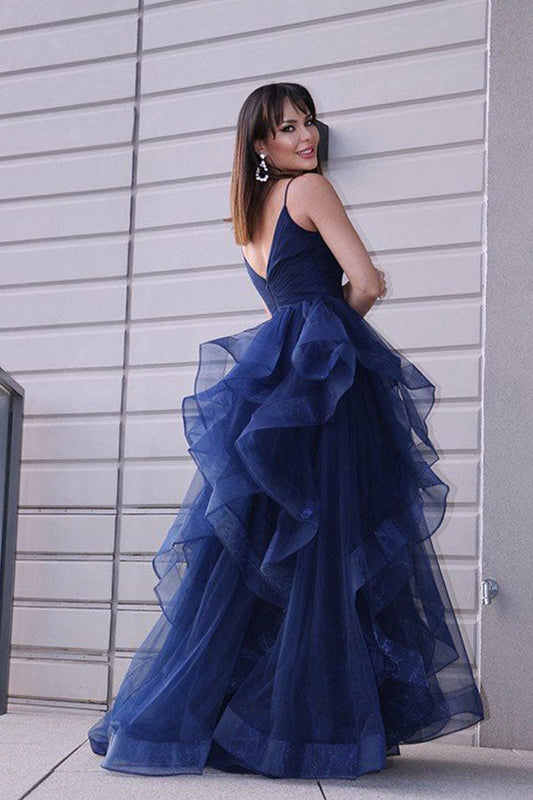 Elegant A-line Navy Blue Tulle Long Prom Dress With Ruffles,WP387