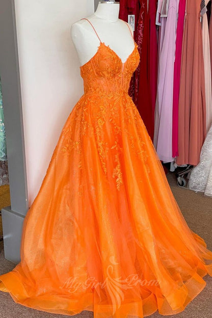 Elegant A Line V Neck Orange Beaded Appliques Tulle Long Prom Dress, GP705