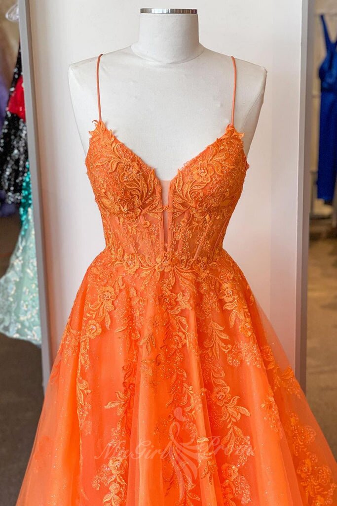 Elegant A Line V Neck Orange Beaded Appliques Tulle Long Prom Dress, GP705