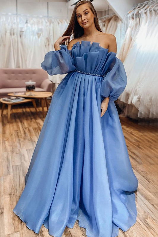 Elegant Blue Off-shoulder Bubble Sleeves A-line Ruffle Long Prom Dress, GP340