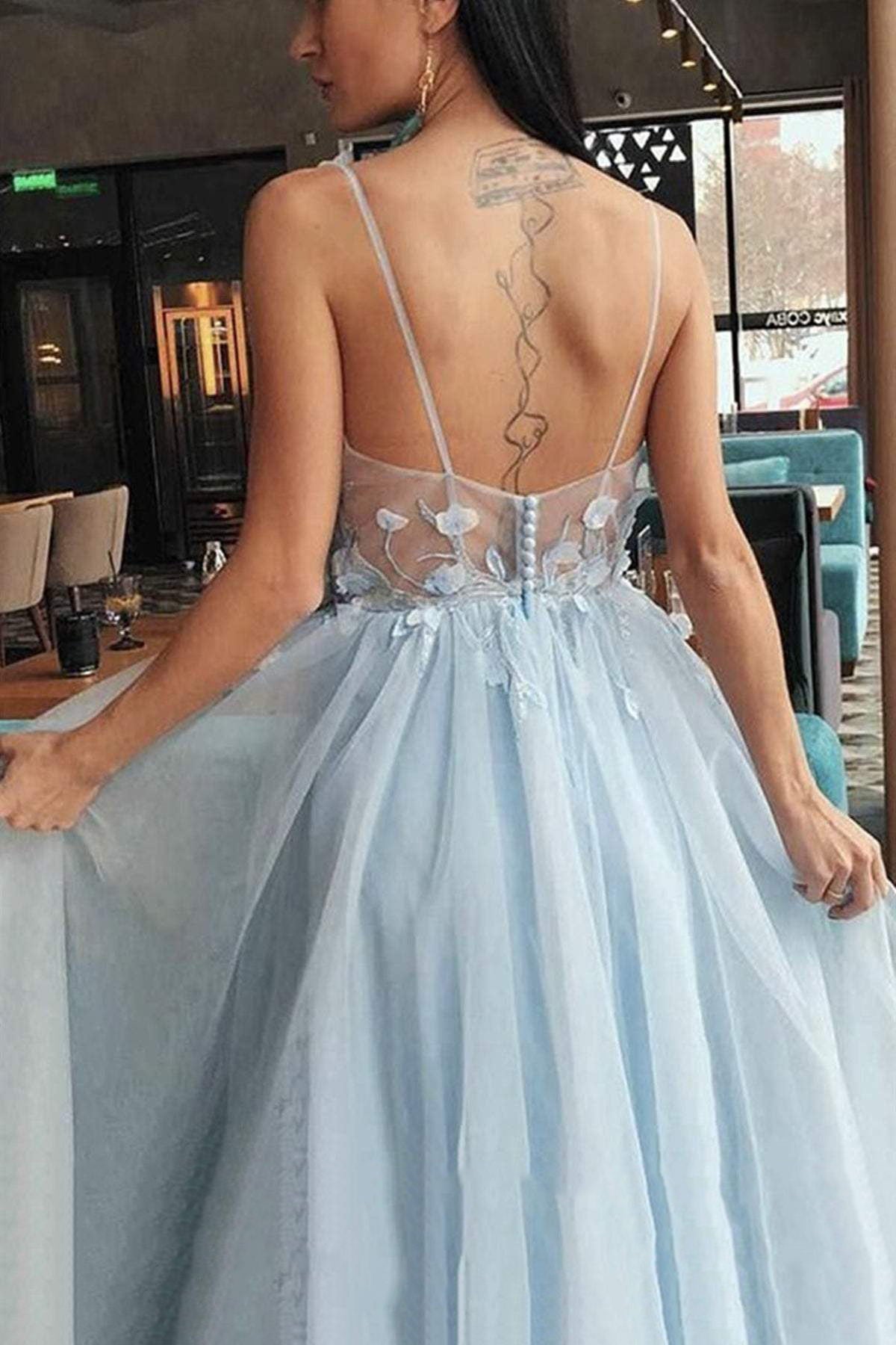 Elegant Dusty Blue Floral Long Prom Dress, A-line V-neck Formal Dresses GP217