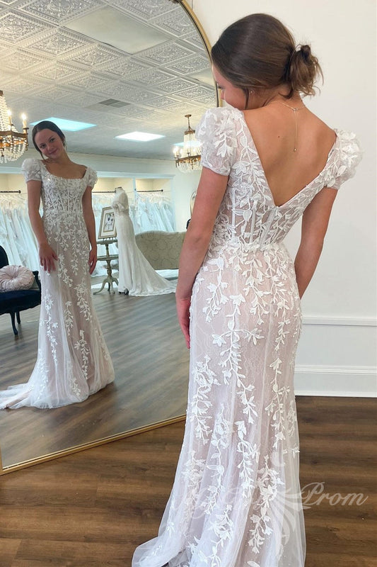 Ivory Lace Appliques Tulle Long Prom Dress, Elegant Sheath Wedding Dress PW540
