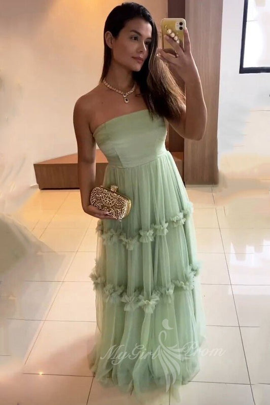 Elegant Strapless Long Mint Green Prom Dress Tulle Formal Party Gown GP804