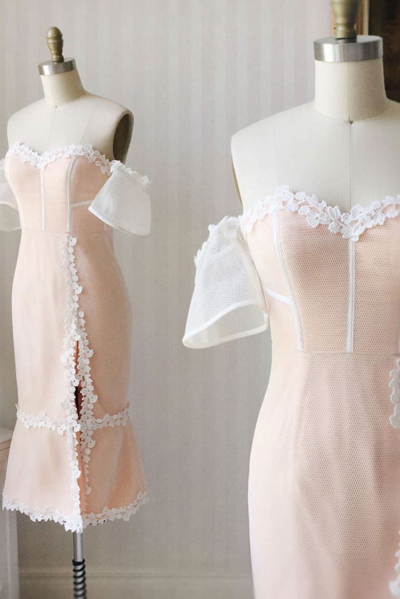 Elegant Sweetheart Off Shoulder Pink Sheath Prom Dress, Knee Length Formal Gown GM542