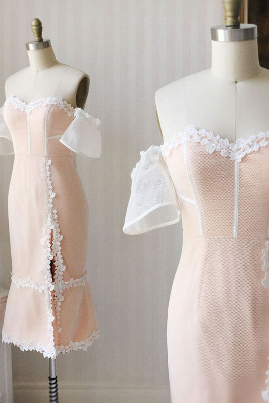 Elegant Sweetheart Off Shoulder Pink Sheath Prom Dress, Knee Length Formal Gown GM542