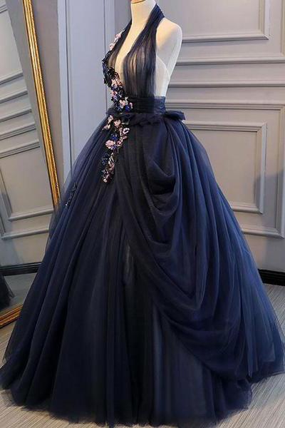 Elegant Navy Blue Long Prom Dress Halter Floral Appliques Backless Ball Gown MP718