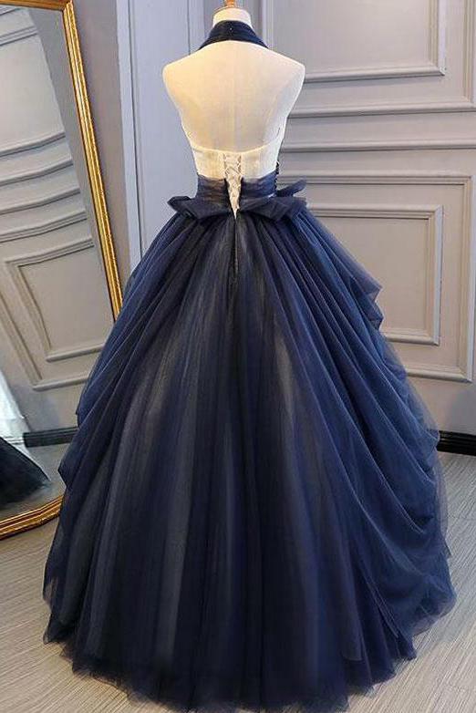 Elegant Navy Blue Long Prom Dress Halter Floral Appliques Backless Ball Gown MP718
