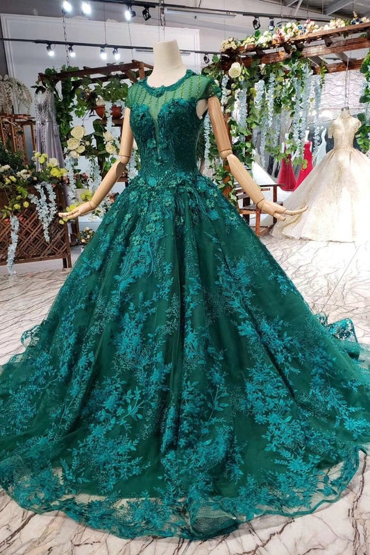 Elegant Scoop Cap Sleeves Prom Dress With Appliques Military Ball Gown GP49
