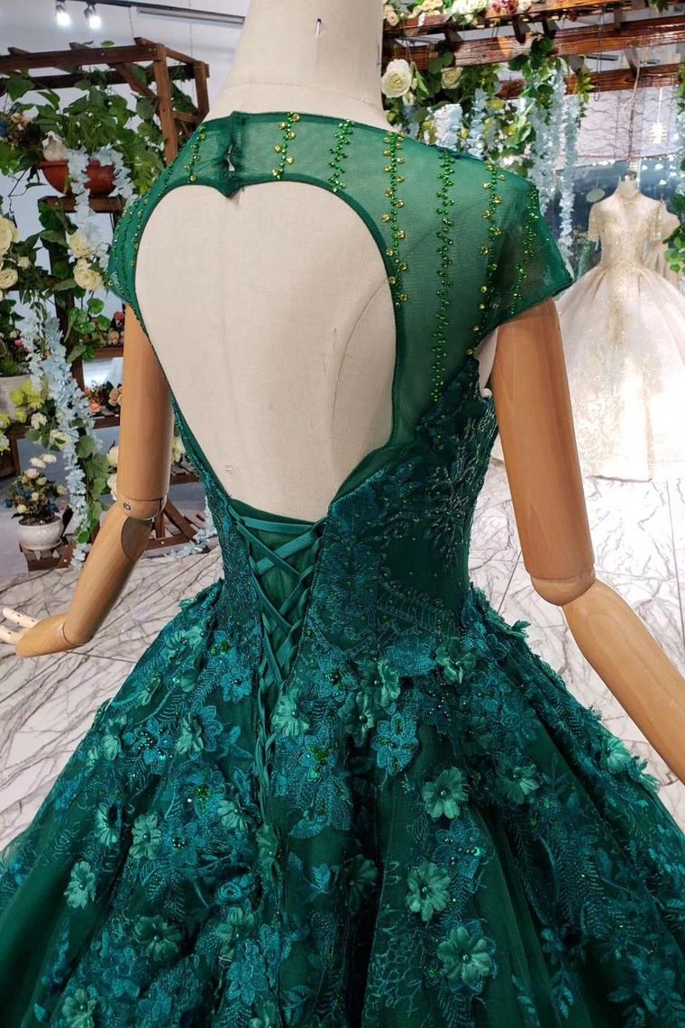 Elegant Scoop Cap Sleeves Prom Dress With Appliques Military Ball Gown GP49
