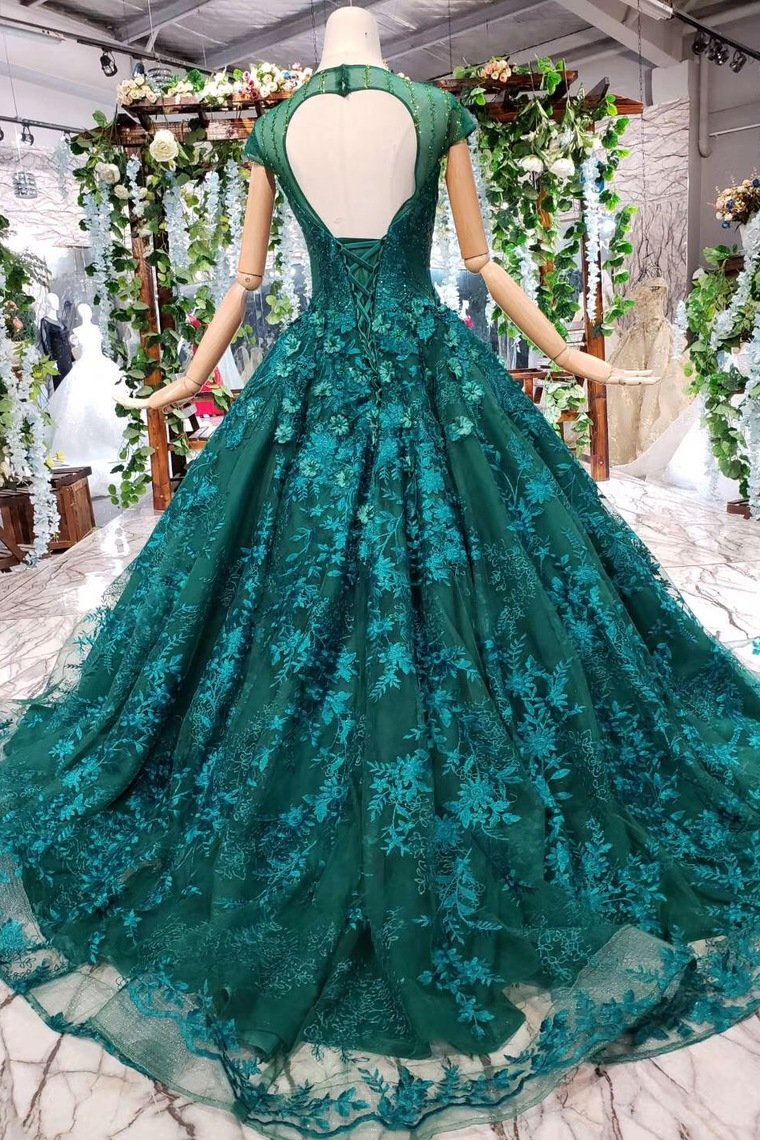Elegant Scoop Cap Sleeves Prom Dress With Appliques Military Ball Gown GP49