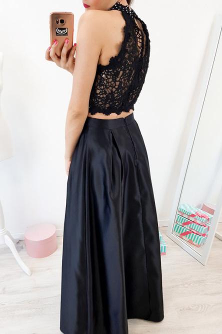 Elegant Two Piece Black Lace Prom Dress High Neck with Beading MP722