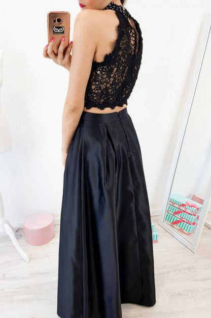 Elegant Two Piece Black Lace Prom Dress High Neck with Beading MP722