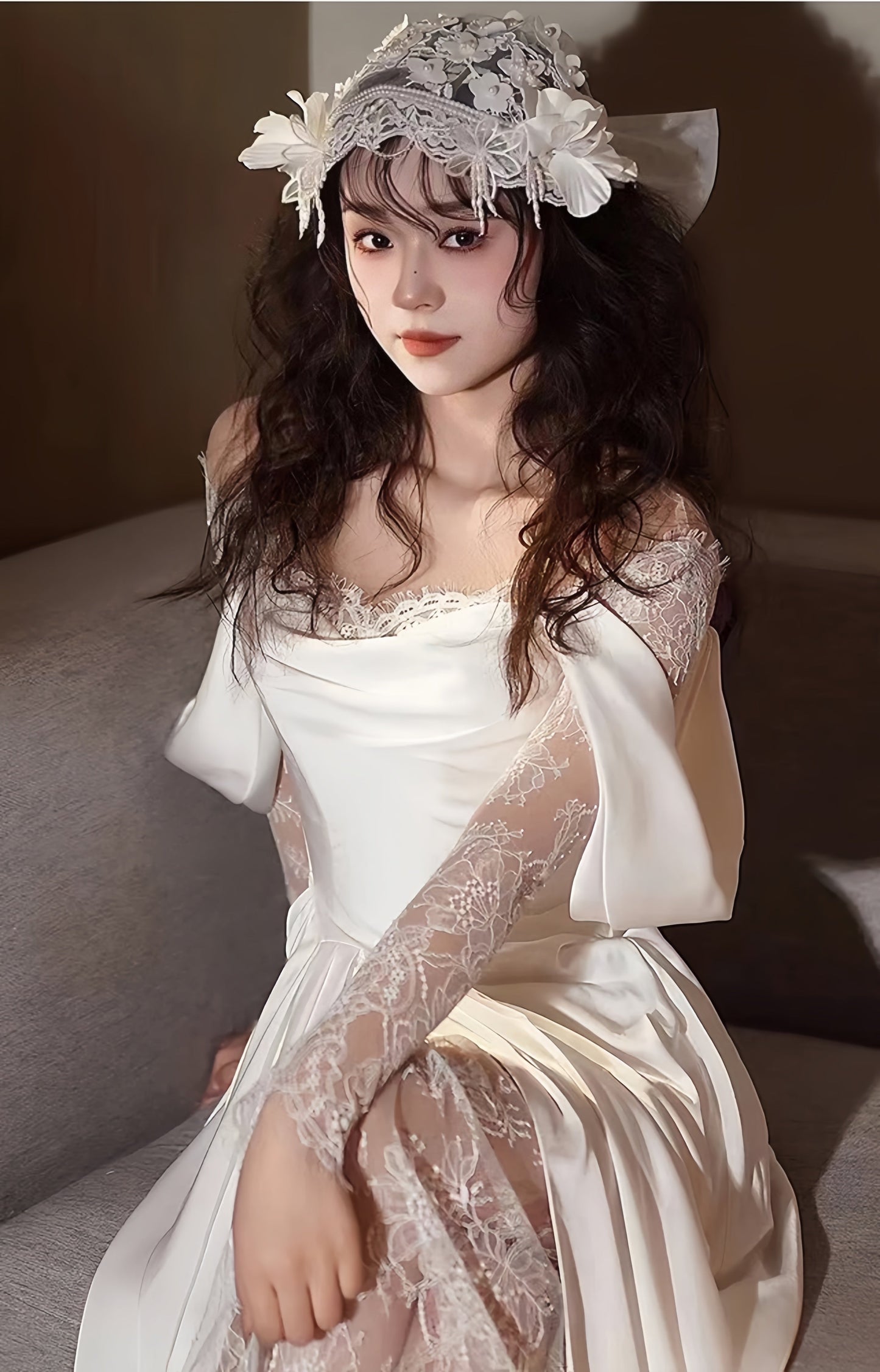 Elegant White Satin Lace Wedding Dress, Flowing Wedding Reception Dress,AST1752