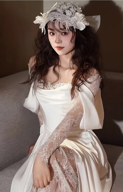 Elegant White Satin Lace Wedding Dress, Flowing Wedding Reception Dress,AST1752