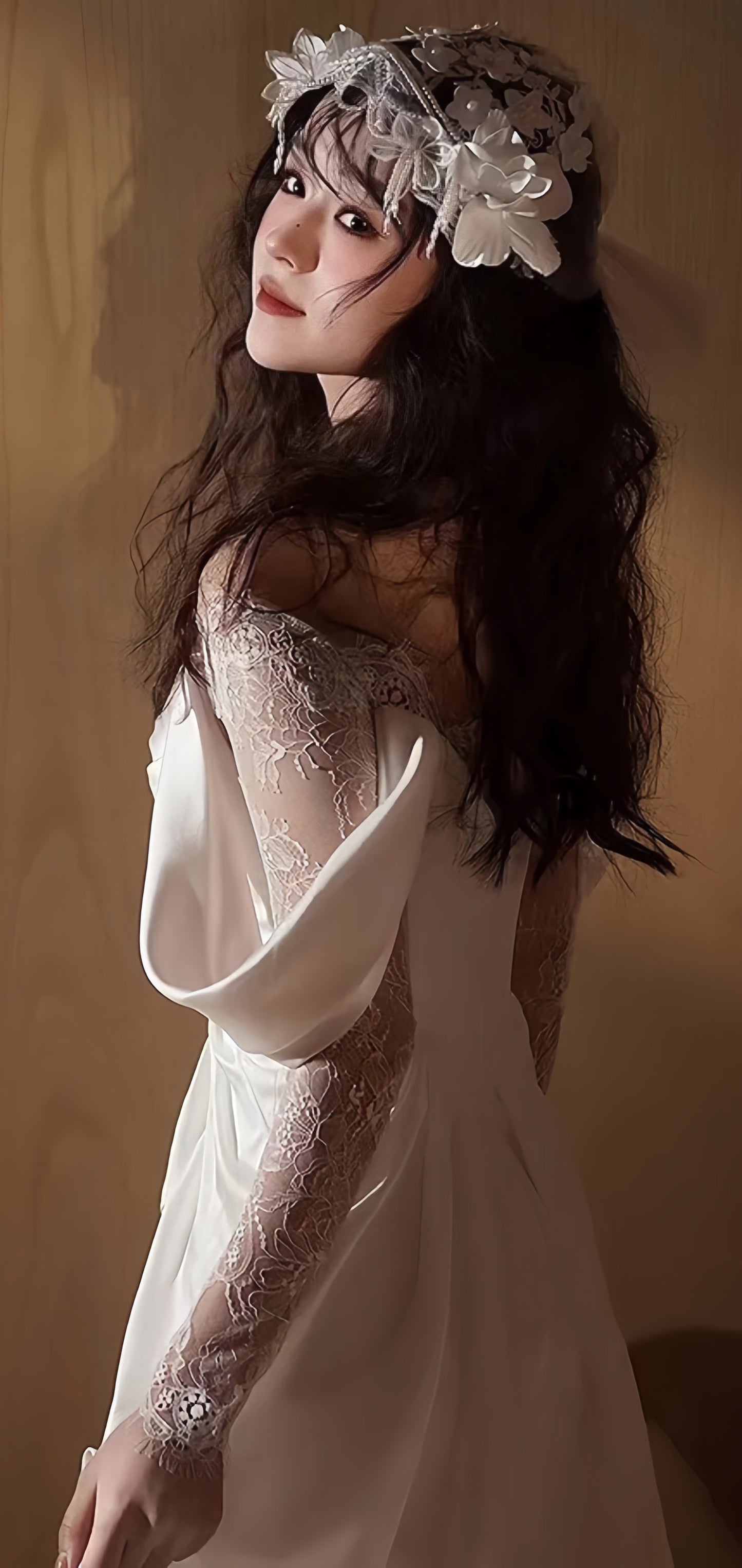 Elegant White Satin Lace Wedding Dress, Flowing Wedding Reception Dress,AST1752
