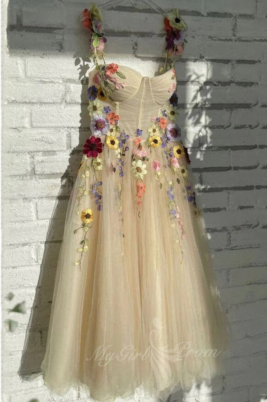 Embroidery Floral Corset Homecoming Dress Tulle Tea Length Prom Dresses GM720