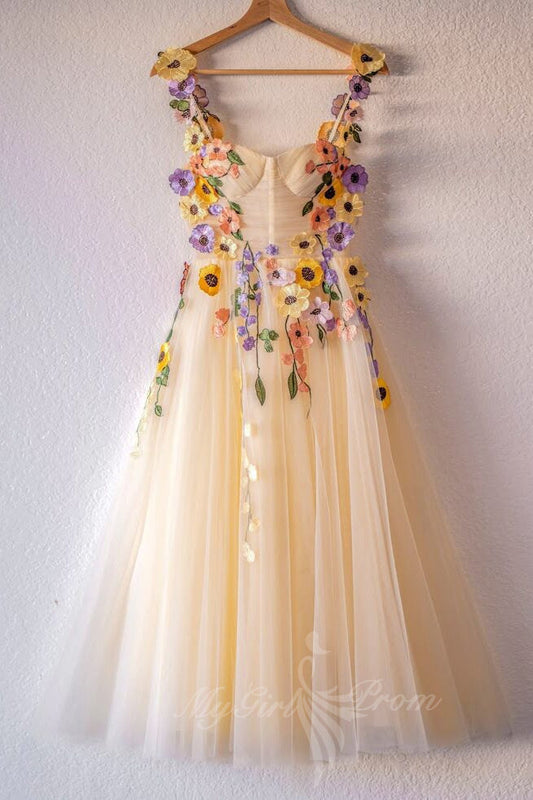 Embroidery Floral Corset Homecoming Dress Tulle Tea Length Prom Dresses GM720