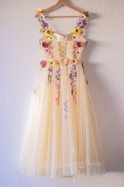 Embroidery Floral Corset Homecoming Dress Tulle Tea Length Prom Dresses GM720