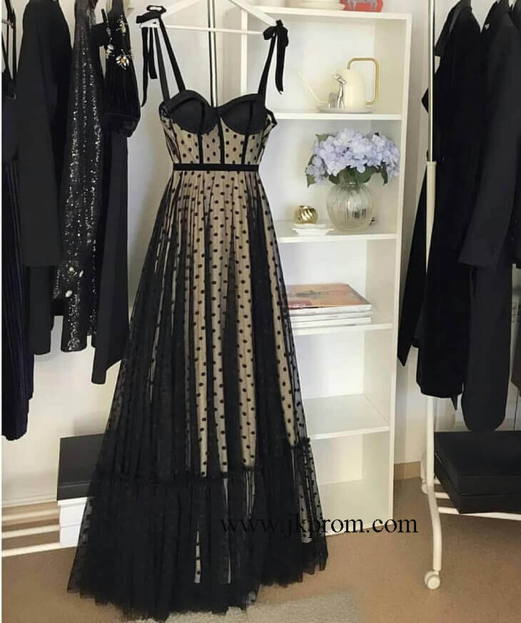 Vestidos de fiesta con tirantes finos y lunares en negro y champán, vestido de fiesta de boda 