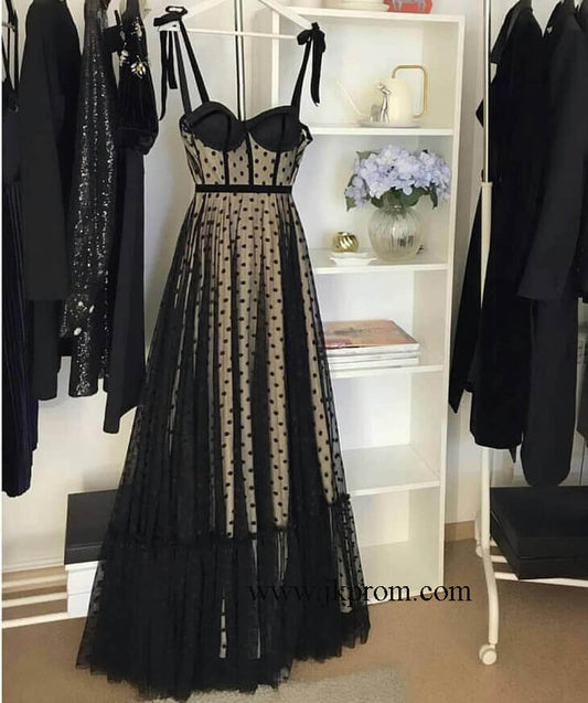 Vestidos de fiesta con tirantes finos y lunares en negro y champán, vestido de fiesta de boda 