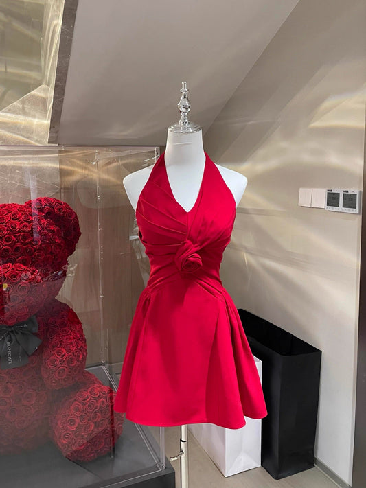Simple A Line Halter Red Chiffon Floral Short Formal Homecoming Dresses Party Graduation Dress Hoco Dresses DH2785