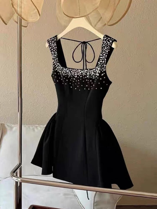 Vestido negro corto de fiesta, corte A, escote cuadrado, corte en A, elegante, para cóctel, para cumpleaños número 16, DH2764