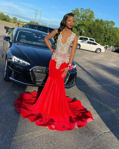 Hermosos vestidos de fiesta rojos con cuentas de cristal, vestido largo de noche formal