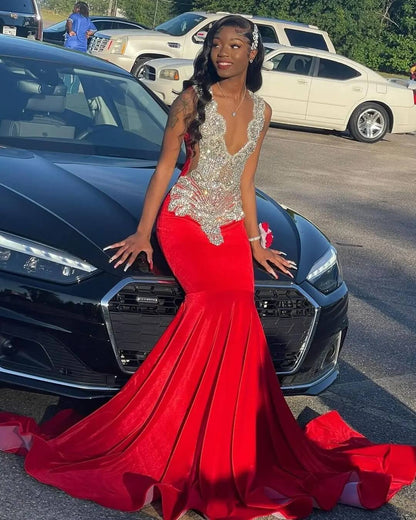 Hermosos vestidos de fiesta rojos con cuentas de cristal, vestido largo de noche formal
