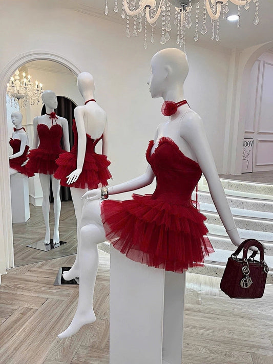 Vestido de fiesta corto con escote corazón color burdeos, elegante, corto y elegante, para cóctel, para 16 cumpleaños, DH2778