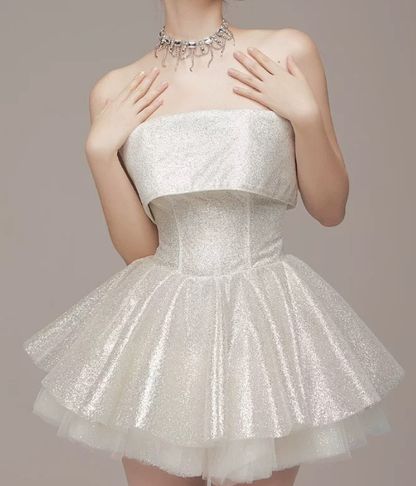Shiny A Line Strapless White Sequin Homecoming Dress Cocktail Dress SH3213