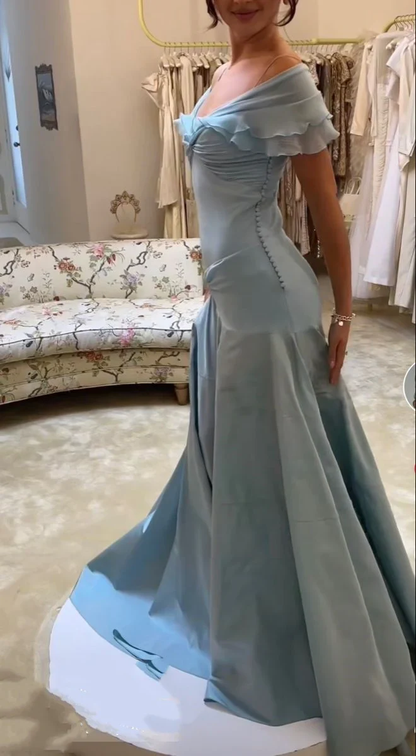 Retro Style A Line Off the Shoulder Blue Satin Long Party Dress Prom Dress SH2611