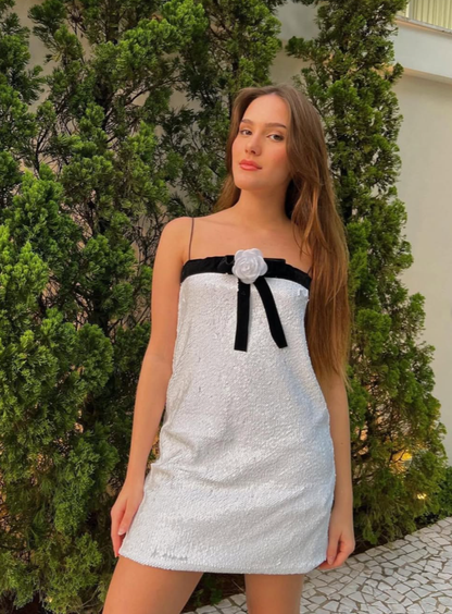 Camellia A Line Spaghetti Strap White Sequin Short Homecoming Dress Cocktail Dress SH3906