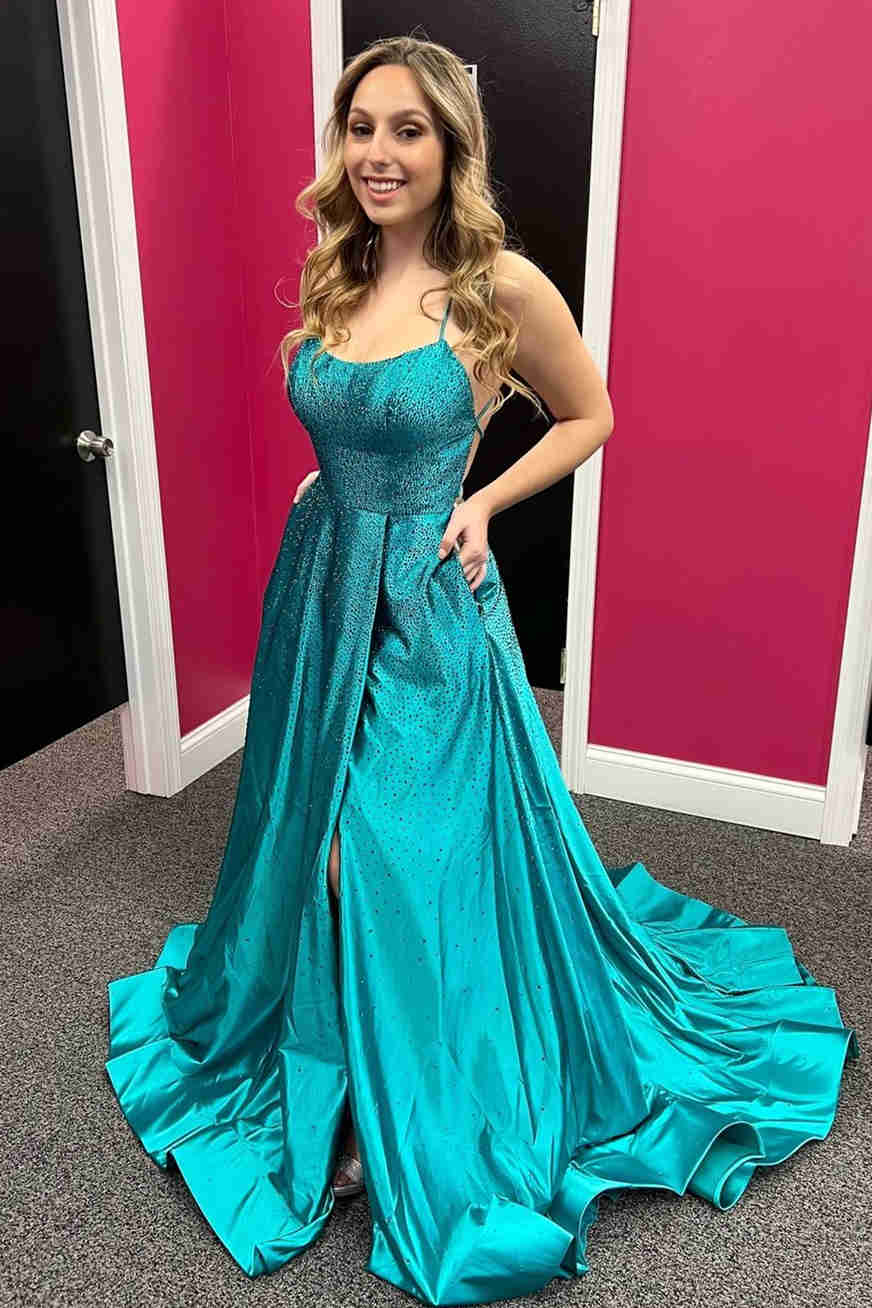 Elegant Lilac Pocket Long Prom Dress with Beading, Slit Evening Gown GP293