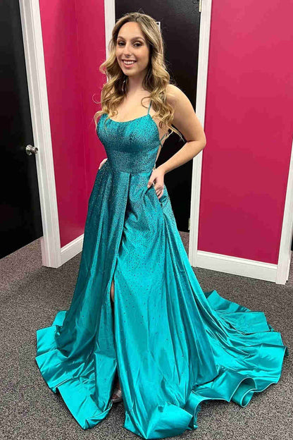 Elegant Lilac Pocket Long Prom Dress with Beading, Slit Evening Gown GP293