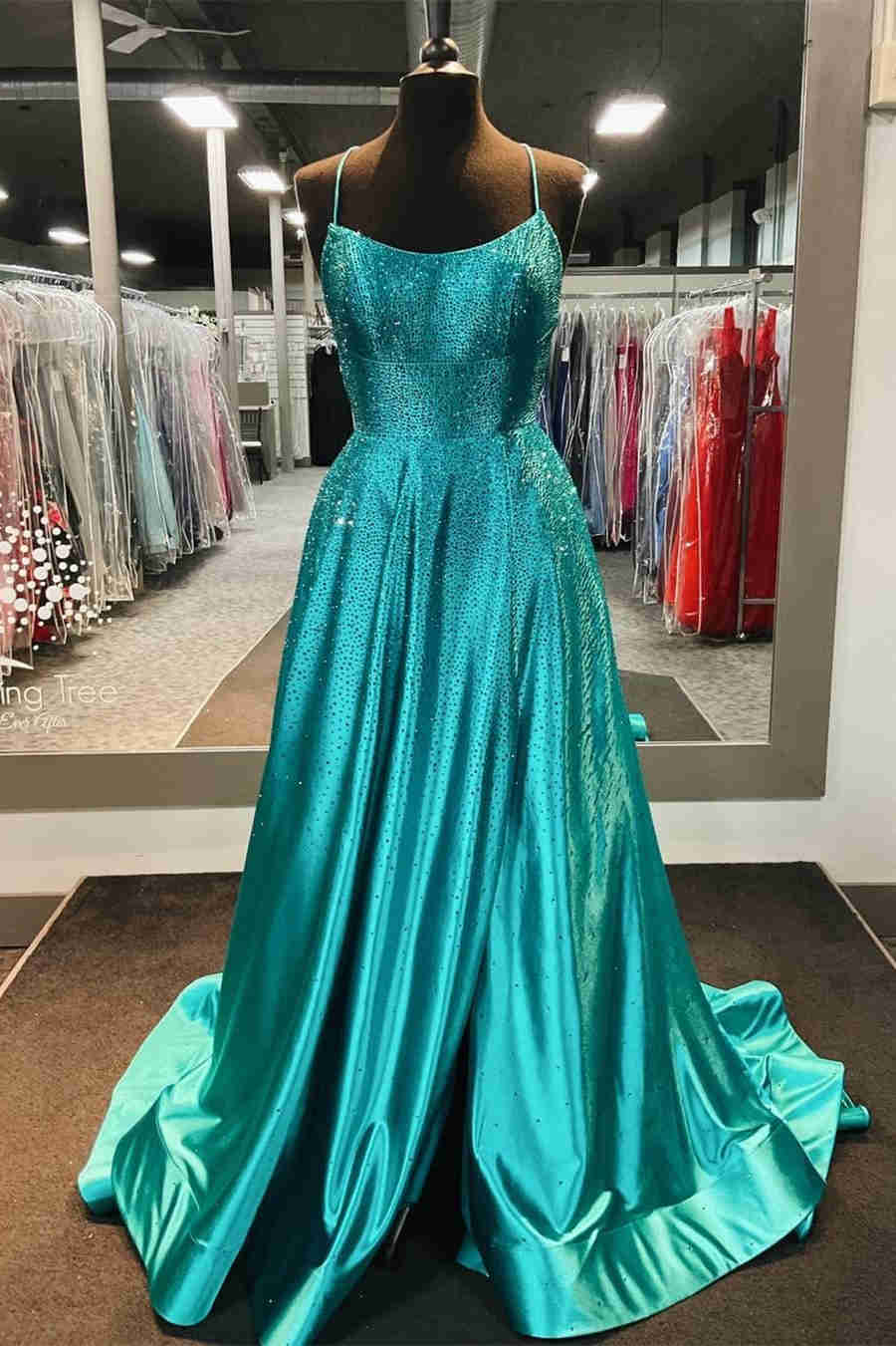 Elegant Lilac Pocket Long Prom Dress with Beading, Slit Evening Gown GP293