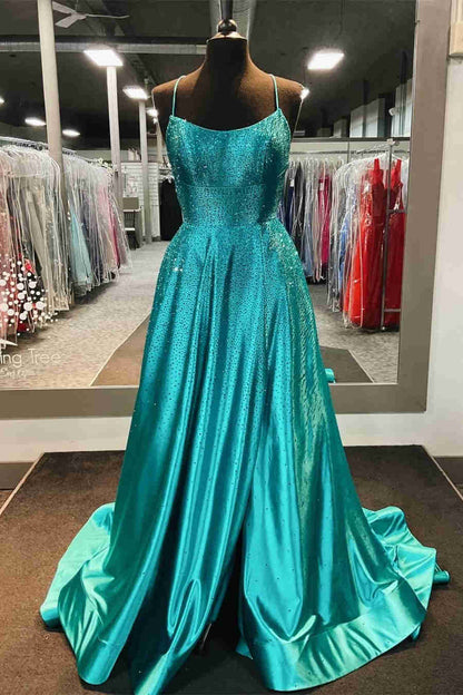 Elegant Lilac Pocket Long Prom Dress with Beading, Slit Evening Gown GP293