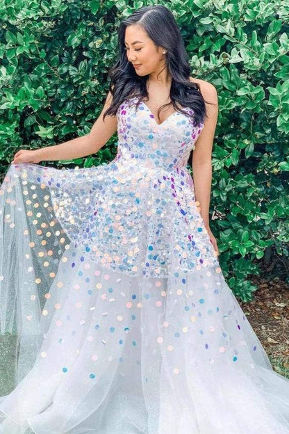 A-Line Sweetheart White Sequined Long Prom Dress, Unique Formal Gown GP265