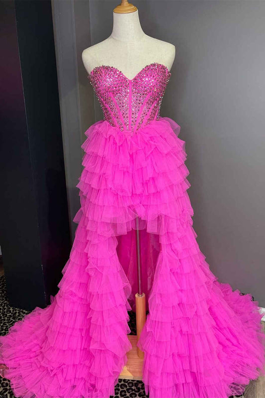 Hot Pink Hi-Low Beaded Sweetheart Prom Dresses, Tulle Tiered Formal Gown GP273