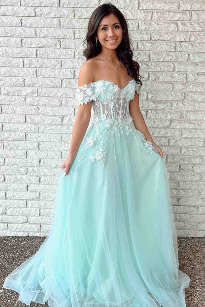 Mint Green Off the Shoulder A-Line Formal Dress with Appliques GP263