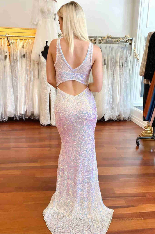 Sheer Crew Neck Beaded White Long Prom Dress, Sparkly Mermaid Evening Gown GP261