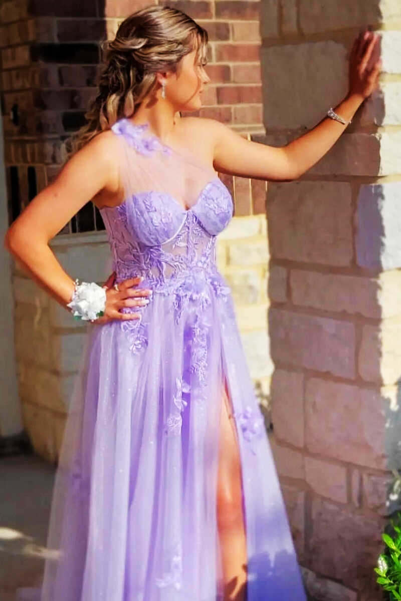 Vestido de fiesta lavanda con escote corazón y un hombro con flores, vestidos de graduación con aberturas
