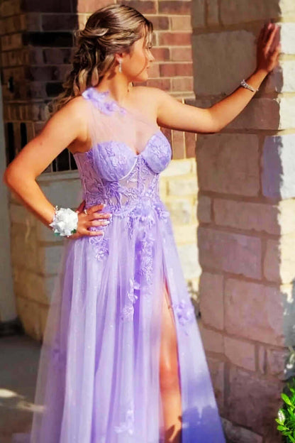 Vestido de fiesta lavanda con escote corazón y un hombro con flores, vestidos de graduación con aberturas