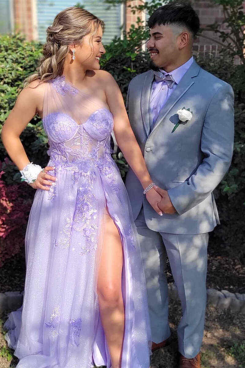 Vestido de fiesta lavanda con escote corazón y un hombro con flores, vestidos de graduación con aberturas