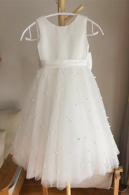Vestido de fiesta para niña color marfil con perlas y corte A, bonitos vestidos para niña de las flores