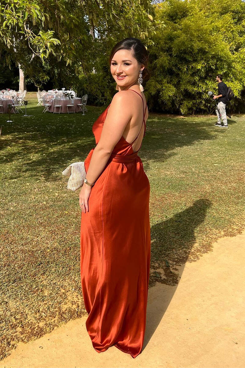 Vestido de dama de honor largo con tirantes y escote en V en color naranja quemado, elegante vestido de fiesta