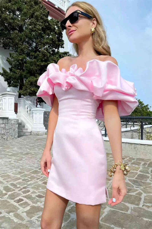 Vestido de cóctel mini fruncido azul real con hombros descubiertos, vestidos de gala lavanda cortos