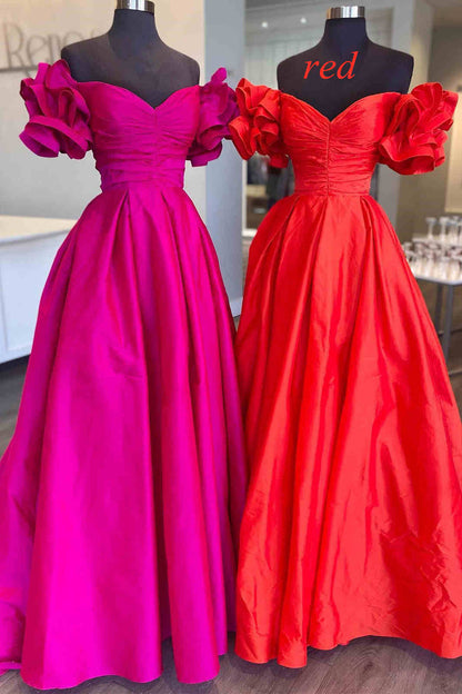 Vestido formal largo de satén fucsia con hombros descubiertos y corte A, vestidos de noche de satén amarillo