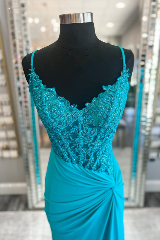 Vestido de fiesta largo de satén estilo sirena con tirantes y nudo torcido con apliques de jade
