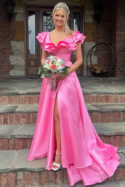 Vestido de fiesta largo de satén con escote en V y volantes en color rosa intenso